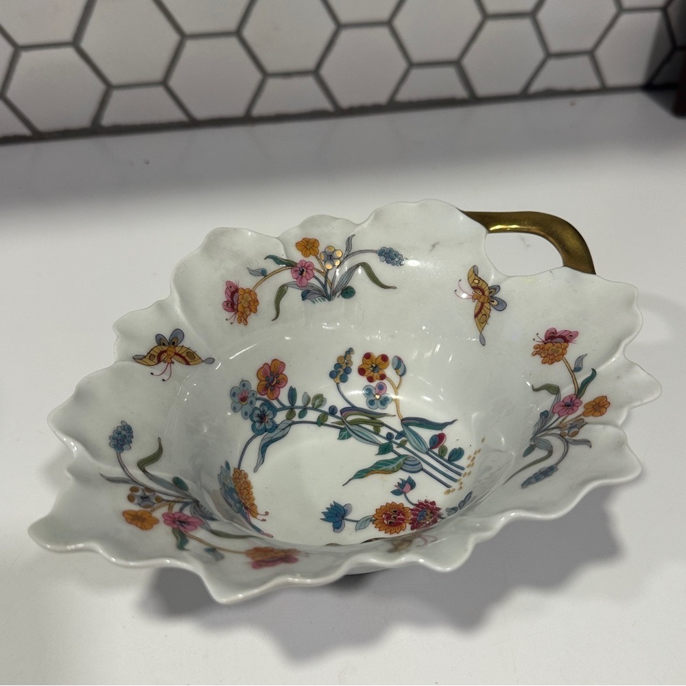 vintage Haviland Limoges leaf-shaped bowl gold quail